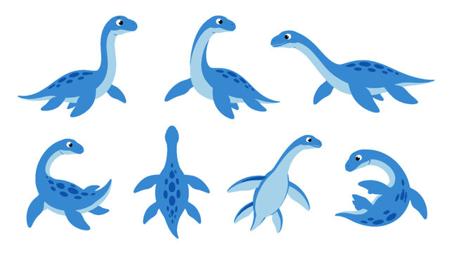 Blue plesiosaur cartoon set in multiple poses on white