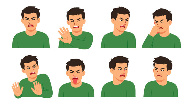 Set of man showing disgust and aversion facial expressions