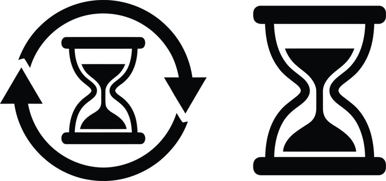 Two hourglass icons displaying time in progress and a refresh or reload time symbol.