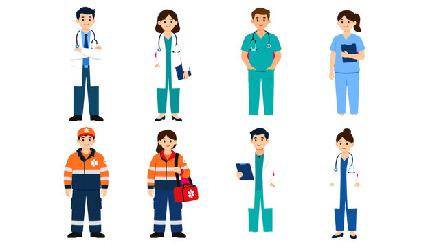 Cartoon healthcare workers and paramedics character set