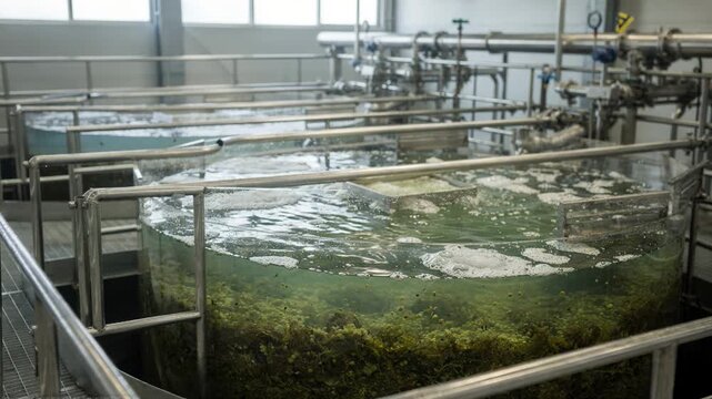 Medium shot focused on biological treatment reactors using microbes to cleanse fiber processing wastewater highlighting ecofriendly water recycling methods