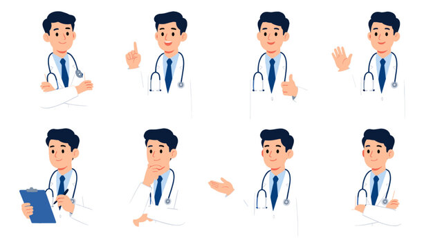 Set of male doctor character poses in flat vector style