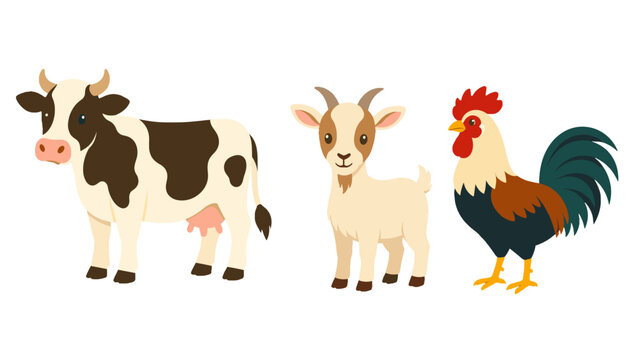 Cartoon cow goat and rooster farm animal vector set