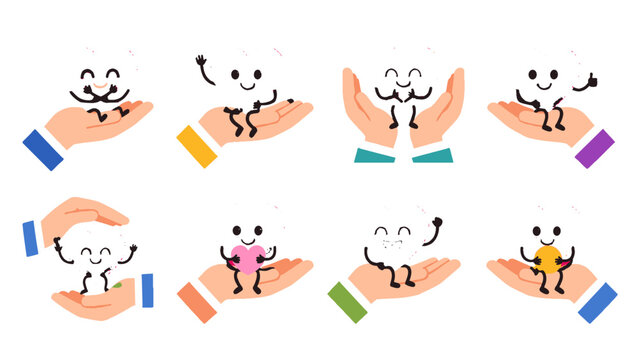 Cute tooth characters in hands set with dental care concept