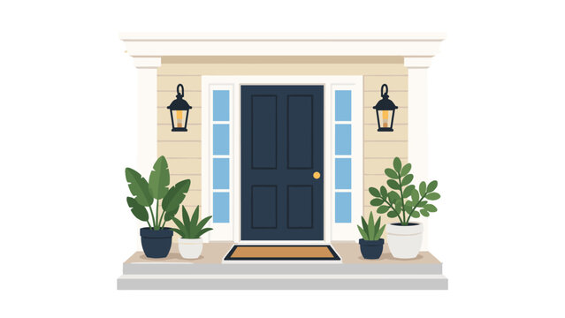 Front house entrance with dark door and potted plants