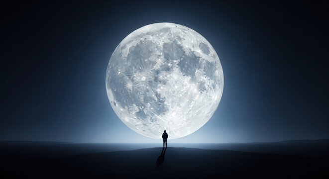 Silhouette of a person standing beneath a glowing full moon at night
