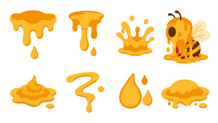 Cartoon honey drips splashes drops and bee vector set © Alan