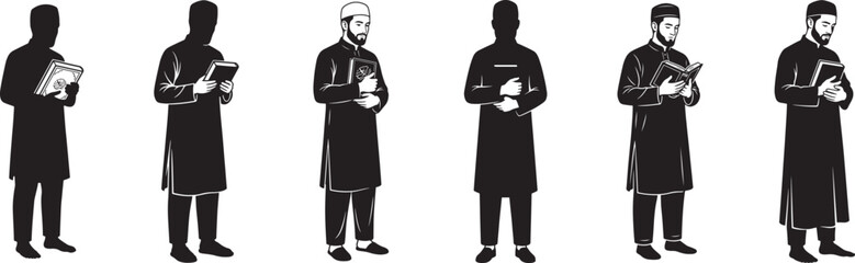 Obraz premium A series of six silhouettes of muslim men in various poses, each wearing traditional islamic attire and holding religious books, presented in a repeating pattern.keywords: muslim, men