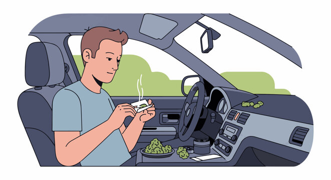 Man rolling marijuana joint inside car with cannabis buds on dashboard