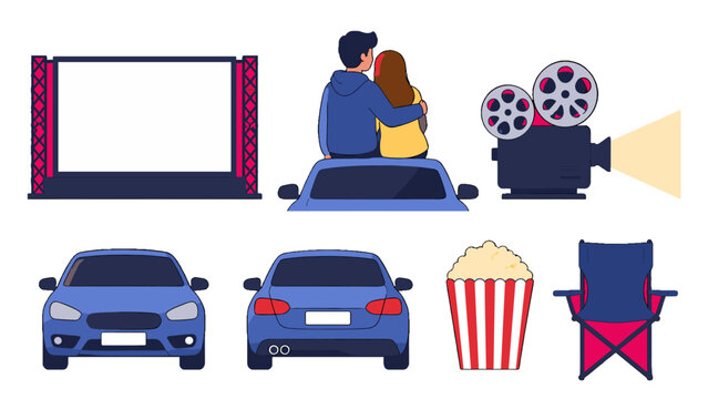 Drive in cinema set with screen car projector popcorn and chair