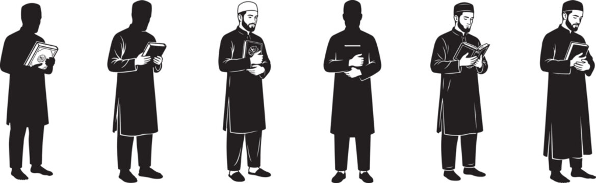 A series of six silhouettes of muslim men in various poses, each wearing traditional islamic attire and holding religious books, presented in a repeating pattern.keywords: muslim, men