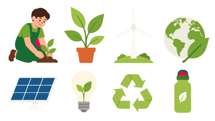 Eco sustainability icons with plants recycling and clean energy