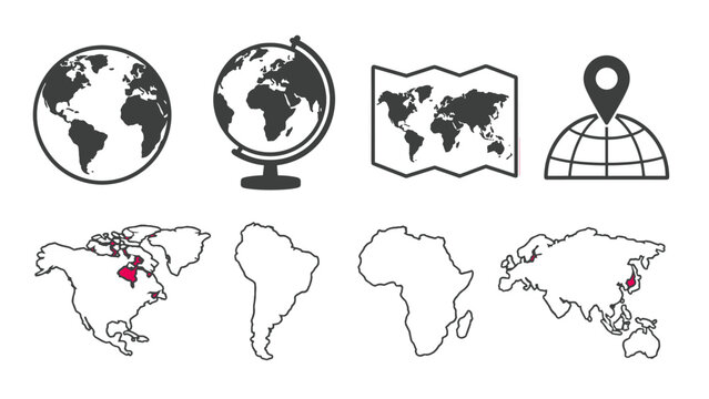World map and globe icon set with continent outlines