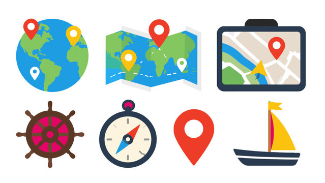 Navigation and travel icon set with map, globe, compass and boat