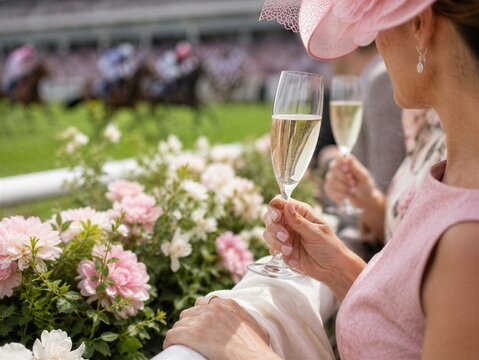 Woman in elegant hat holding glass of champagne at horse race. Spectator watching equestrian competition with drink. Stylish lady enjoying outdoor social sport event, luxury lifestyle theme.