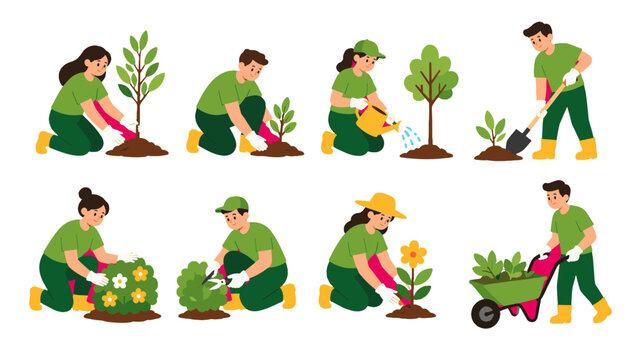 Set of people planting trees and caring for garden plants