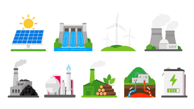 Renewable and conventional energy source icon set illustration