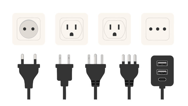 Vector set of international power plugs, wall sockets, and USB charger