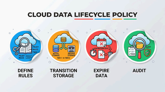 Cloud data lifecycle policy stages including define rules, transition storage, expire data, and audit are illustrated in a graphic