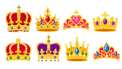 Set of ornate golden crowns and tiaras with colorful jewels © Alan