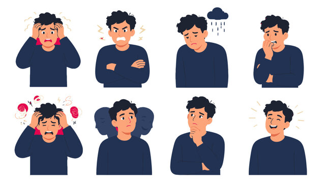 Set of male character expressions showing different emotions