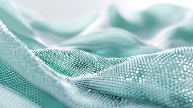 Detailed microscopic rendering of a wavy mint green cellular mesh or bio-fabric, showcasing intricate porous textures for use in medical textile design, biomaterials, and scientific backgrounds.