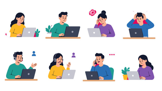 Set of people working and communicating on laptop computers