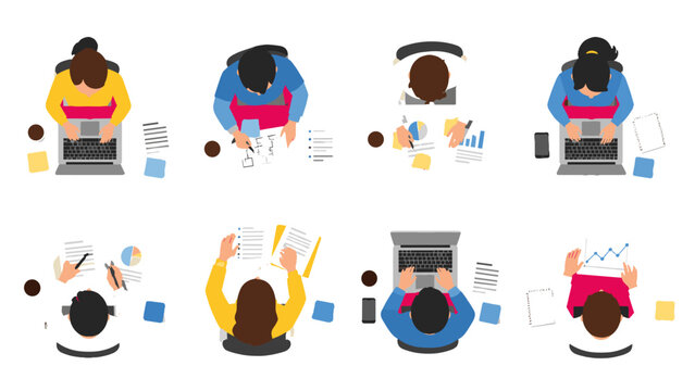 Top view set of office workers at desks with laptops and documents