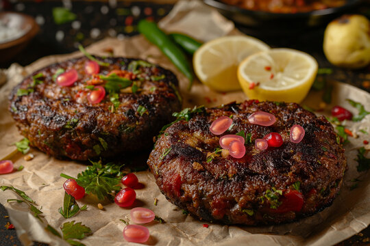  Grilled authentic Afghan chapli kebab patties garnished with fresh pomegranate seeds and lemon slices