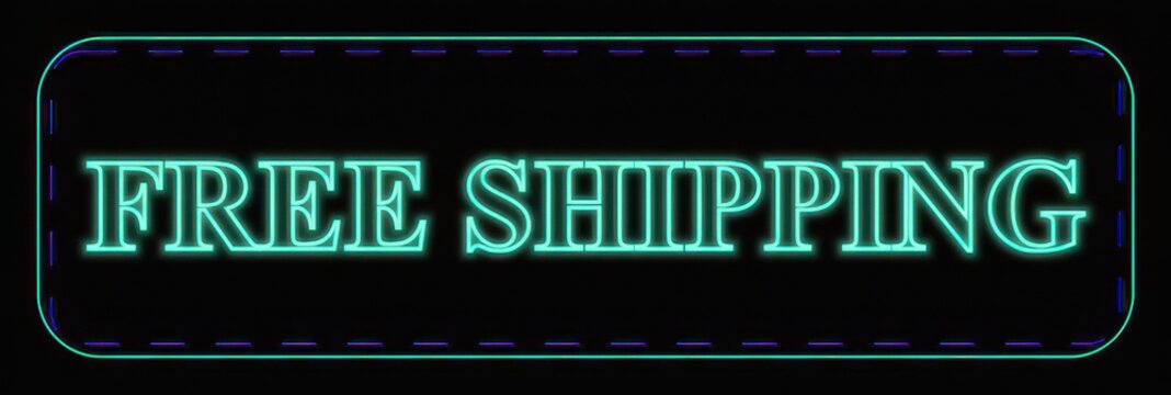 Neon free shipping sign with a dotted border and dark background electric glowing effect for retail and e-commerce promotions.