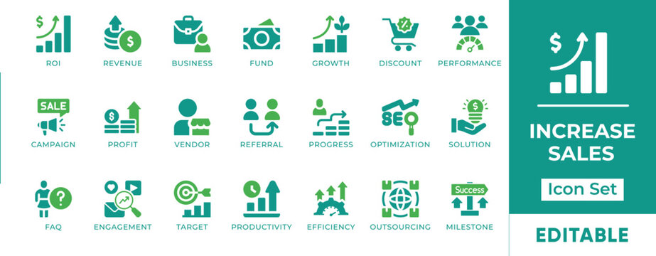Sales Growth Business Revenue ROI Profit Vendor Discount Referral Optimization Investment FAQ Vector Icon Set