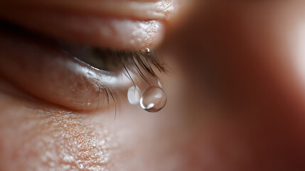 Fototapeta premium Macro image of a single clear tear drop on eyelashes and human skin, showing a sense of deep emotion, pain, or sadness on a blurred background