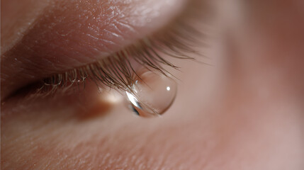 Fototapeta premium Close-up of a human eye with a single tear gracefully falling, highlighting emotion, sorrow, or sensitive moments with profound detail