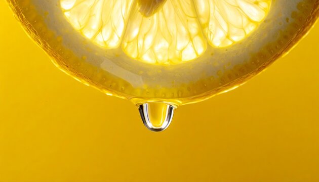 Fresh drop of lemon juice hangs from slice against bright yellow background