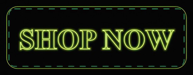 Obraz premium Neon shop now sign glowing with green electric light on black background with dashed outline border.
