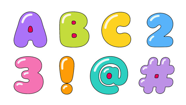 Colorful cartoon letters numbers and symbols vector set