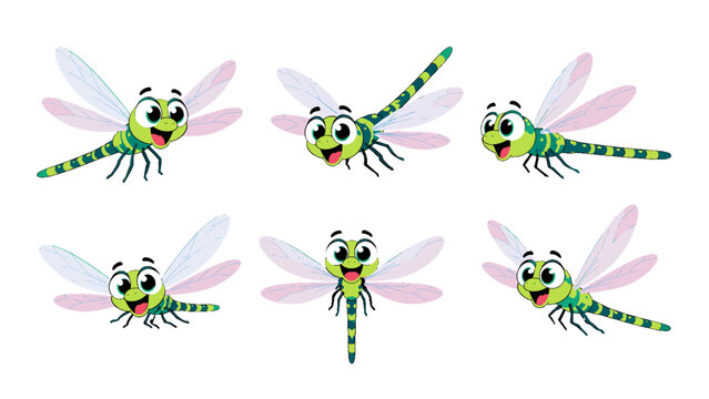 Set of cute cartoon dragonflies in different flying poses