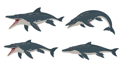 Prehistoric marine reptile cartoon set in four swimming poses © Alan