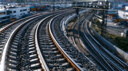 Obraz premium Elevated railway curve aerial perspective, ballasted track bed sweeping through urban industrial district, welded rail fishplate joints, concrete sleepers spaced rhythmically, overhead catenary wire