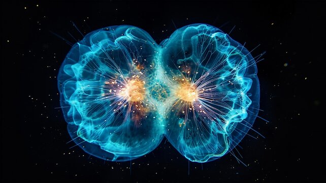 Breathtaking 3D microscopic visualization capturing the dynamic process of biological cell division, featuring radiant cyan membrane structures and intensely glowing golden energy cores, ideal for adv