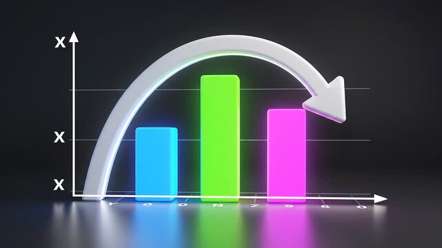 Colorful bars decline under curved arrow, radiating clarity, resilience, and transformation; a vivid emblem of data analysis, awareness, and adaptation within shifting trends.