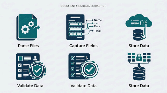 Data validation process with icons for parsing files, capturing fields, storing data, and verifying information