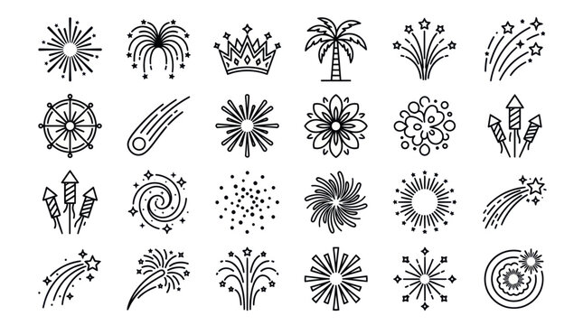 Fireworks and Celebration Icons: Line Art Collection