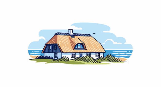 Coastal cottage with thatched roof, beach, ocean, and sky