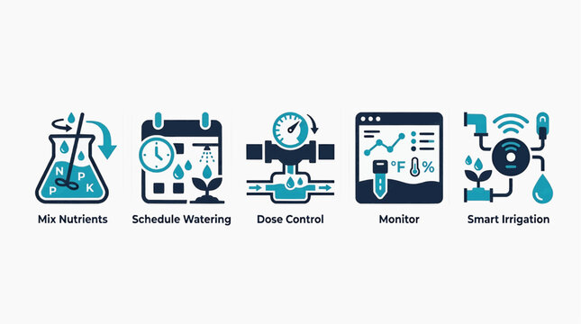 Smart irrigation system icons show watering schedule and nutrient mix control