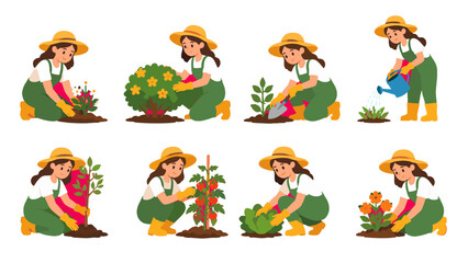 Fototapeta premium Set of woman gardening activities with plants and watering can