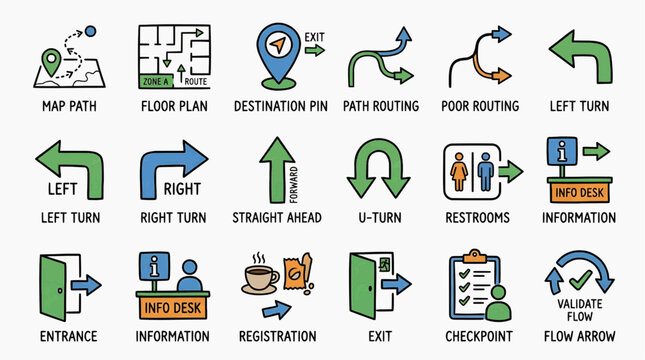 Navigation icons for map path, floor plan, and destination pin on various signs