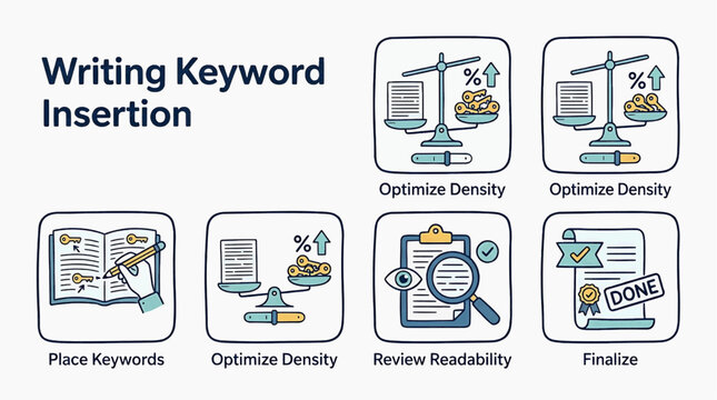 RJ_MEYJ5M_VF vector graphic illustration shows writing keyword insertion workflow steps icons