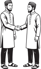Fototapeta premium Two muslim men in traditional white attire shaking hands with smiles, symbolizing harmony and mutual respect on a white background, keywords: muslim, men, handshake, agreement, friendship