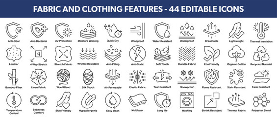 Clothing and Material features and information - vector editable line icons. © Саша Мельник